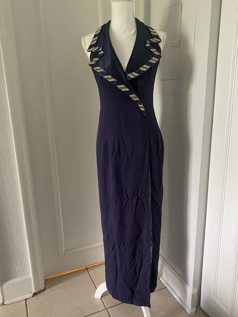 Vintage Y2K halter Navy Gown with Beaded Trim